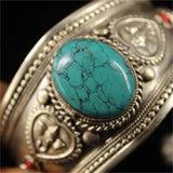 Tibetan Silver Inlaid Sapphire Cuff Bracelet Bangle for Men Women