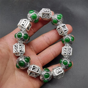 Tibetan Silver Inlaid Green Bracelet Bangles Men Women Couple Gift