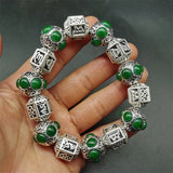 Tibetan Silver Inlaid Green Bracelet Bangles Men Women Couple Gift