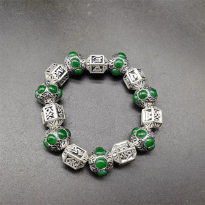Tibetan Silver Inlaid Green Bracelet Bangles Men Women Couple Gift