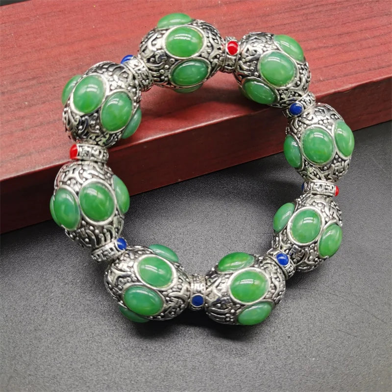 Tibetan Silver Inlaid Gems Bracelet Fashion Jewelry MenWomen Gift