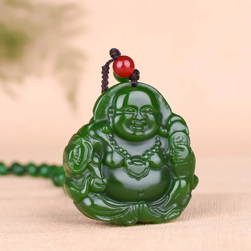 Maitreya Buddha Green Jade Pendant Necklace Hand-carved Charm Jadeite Jewelry