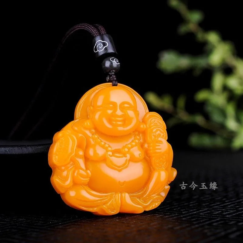 Maitreya Buddha Yellow Jade Pendant Necklace Hand-carved Charm Jadeite Jewelry