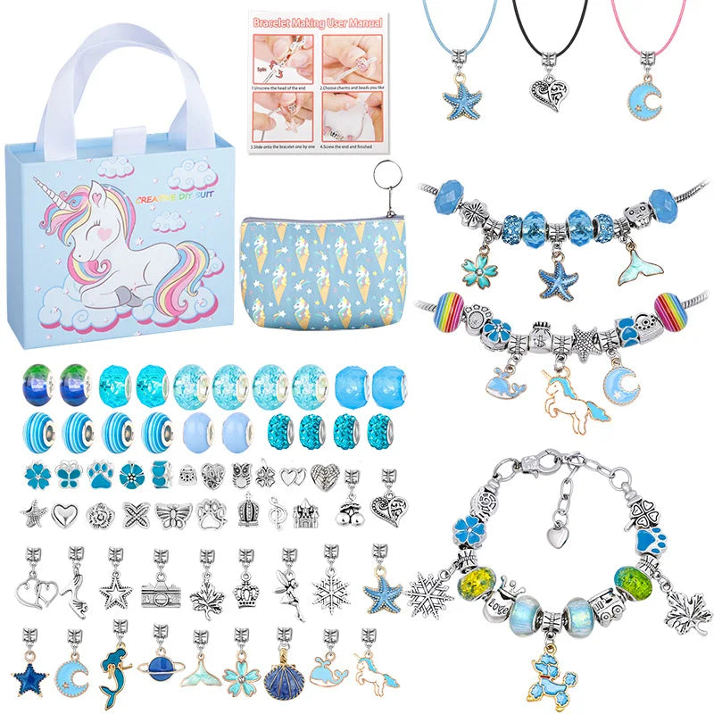 Kids DIY Charm Bracelet Kit Unicorn Bag Beads Necklace Set Christmas Gift