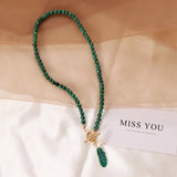 Malachite Alloy Leaves Pearl Drop Necklace Green Stone Pendant
