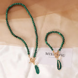 Malachite Alloy Leaves Pearl Drop Necklace Green Stone Pendant
