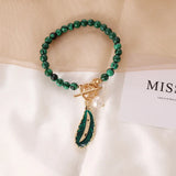 Malachite Alloy Leaves Pearl Drop Necklace Green Stone Pendant