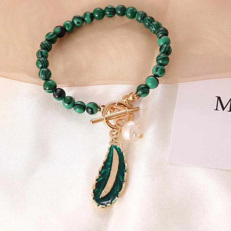 Malachite Alloy Leaves Pearl Drop Necklace Green Stone Pendant