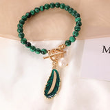 Malachite Alloy Leaves Pearl Drop Necklace Green Stone Pendant