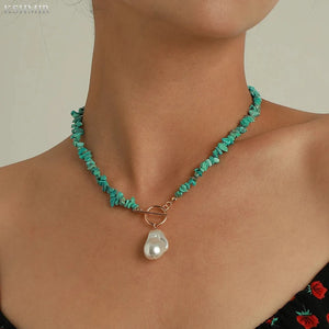Malachite Alloy Pearl Turquoise Necklace Retro Green Stone Pendant