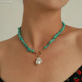 Malachite Alloy Pearl Turquoise Necklace Retro Green Stone Pendant