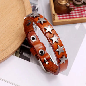 Male Adjustable Leather Wrap Bracelet Vintage Punk Star Charms