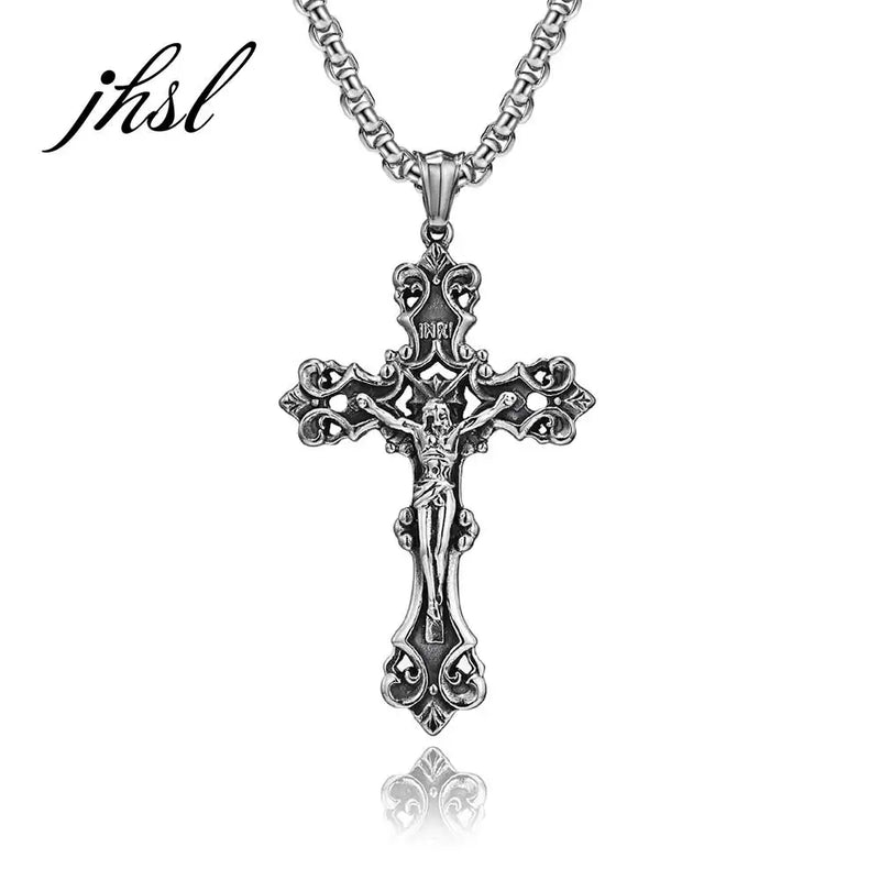 Men Jesus Cross Necklace Pendant Christian Jewelry Box Chain Stainless Steel