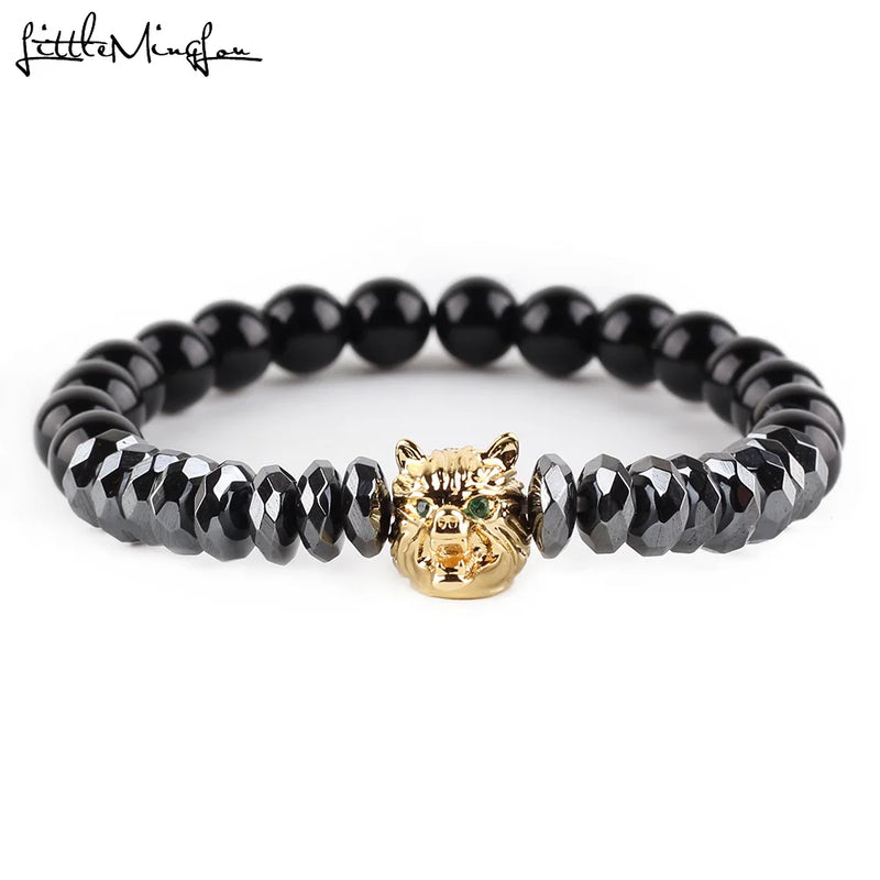Green CZ Wolf Charm Men Bracelet Hematite Natural Stone Beads Bracelet