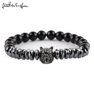 Green CZ Wolf Charm Men Bracelet Hematite Natural Stone Beads Bracelet