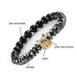 Green CZ Wolf Charm Men Bracelet Hematite Natural Stone Beads Bracelet