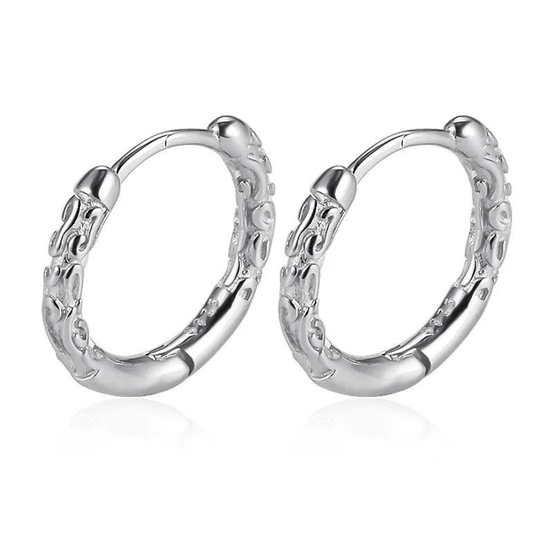 Men's 925 Sterling Silver Hoop Earrings Engraved Pattern Fine Jewelry