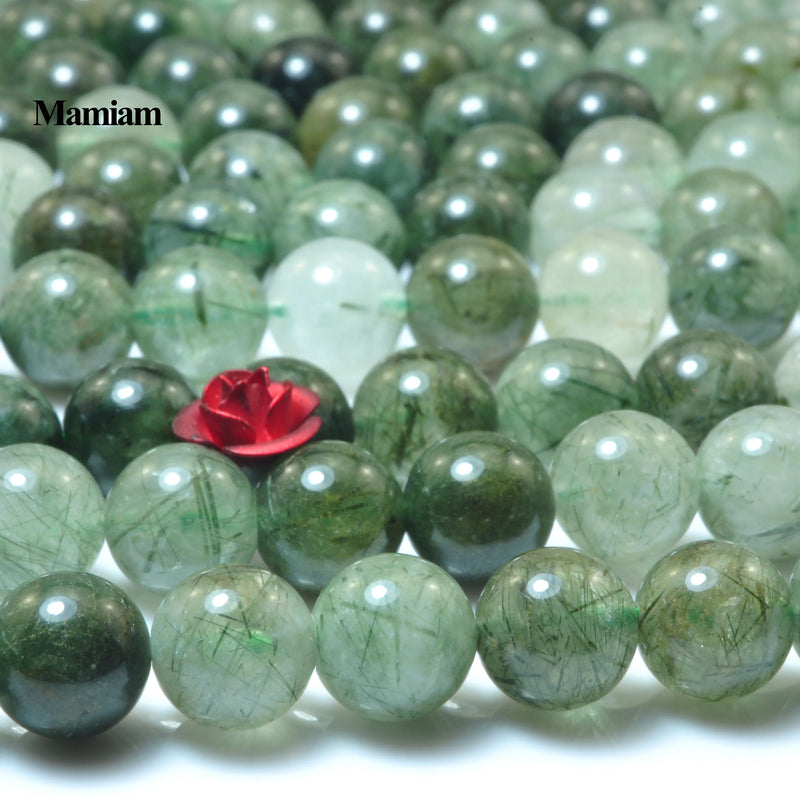 Green Rutilated Quartz Beads 8mm Smooth Loose Stone DIY Bracelet Necklace