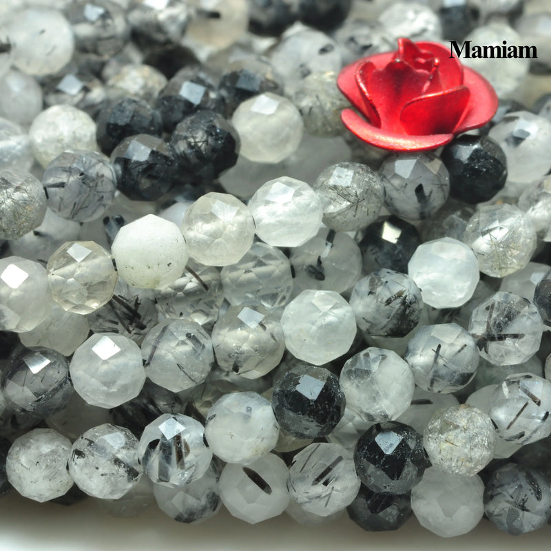 Mamiam Rutilated Quartz Faceted Round Beads 3mm Gemstone Bracelet Necklace DIY