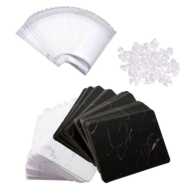 Marble Earring Necklace Display Cards Set - 200Pcs with Bags and Earring Backs