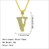 Bling CZ V Letter Men Necklace - Hip Hop Chain Pendants