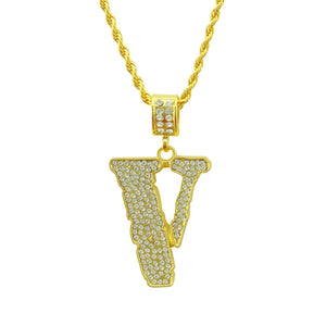 Bling CZ V Letter Men Necklace - Hip Hop Chain Pendants
