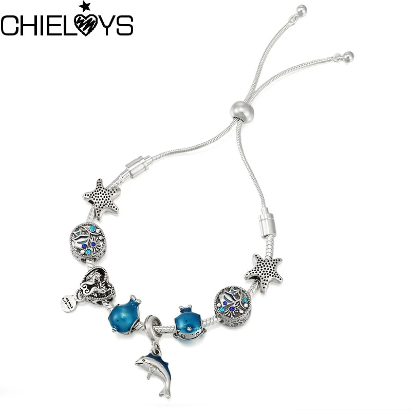 Marine Style Starfish Beads Chain Bracelet with Whale Pendant