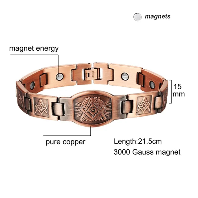 Masonic Mens Copper Bracelet with Double Raw 3000 Gauss Magnets