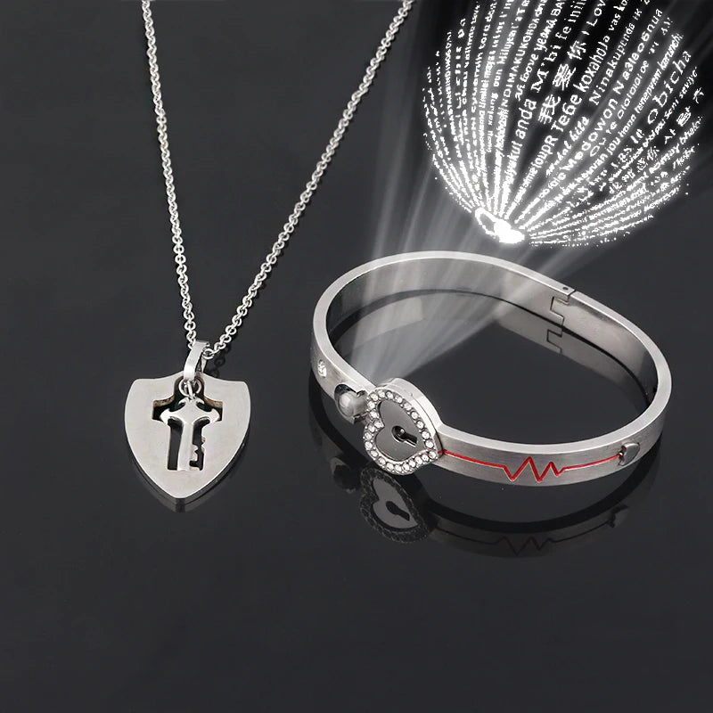 Heart Lock Bracelet and Key Pendant Necklace for Lover