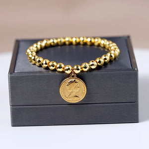 Queen Elizabeth II Coin Bracelet Stainless Steel Charm Jewelry Hematite Beads