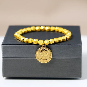 Queen Elizabeth II Coin Bracelet Stainless Steel Charm Jewelry Hematite Beads