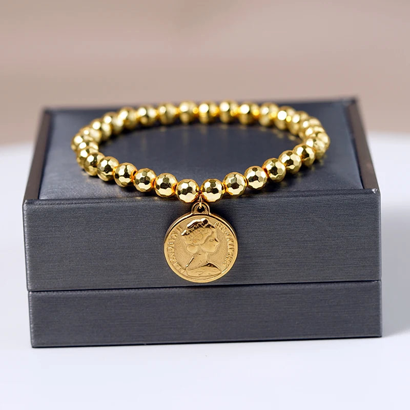 Queen Elizabeth II Coin Bracelet Stainless Steel Charm Jewelry Hematite Beads