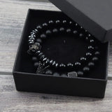 Natural Stone Beads Bracelet with CZ King Crown Skull Charms