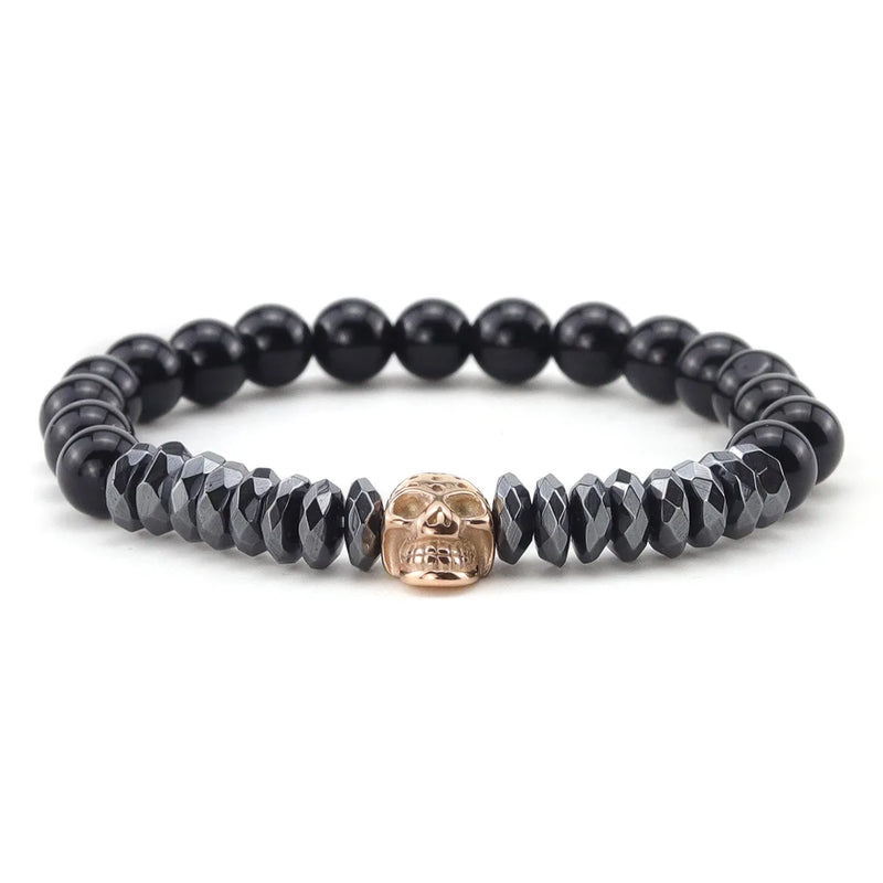 Natural Stone Beads Bracelet with CZ King Crown Skull Charms