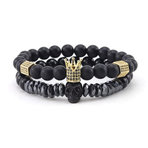 Natural Stone Beads Bracelet with CZ King Crown Skull Charms
