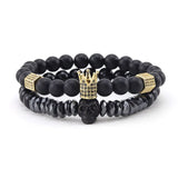 Natural Stone Beads Bracelet with CZ King Crown Skull Charms