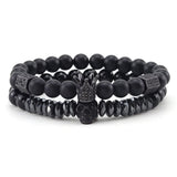 Natural Stone Beads Bracelet with CZ King Crown Skull Charms