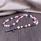 Matte Rhodolite Rose Quartz Amethyst Rosary Necklace with Hematite Cross Pendant