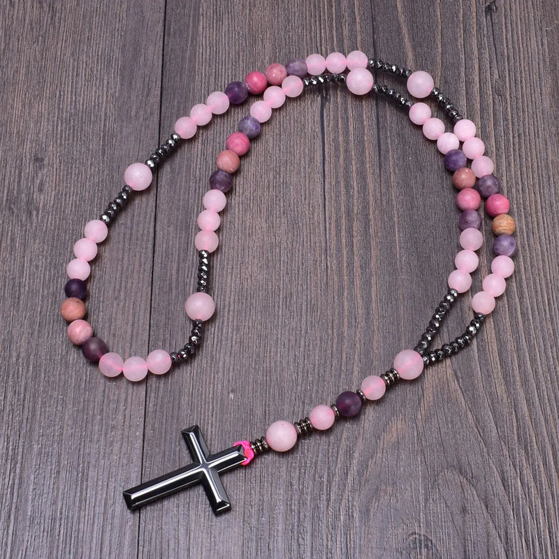 Matte Rhodolite Rose Quartz Amethyst Rosary Necklace with Hematite Cross Pendant