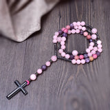 Matte Rhodolite Rose Quartz Amethyst Rosary Necklace with Hematite Cross Pendant