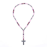 Matte Rhodolite Rose Quartz Amethyst Rosary Necklace with Hematite Cross Pendant
