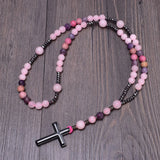Matte Rhodolite Rose Quartz Amethyst Rosary Necklace with Hematite Cross Pendant