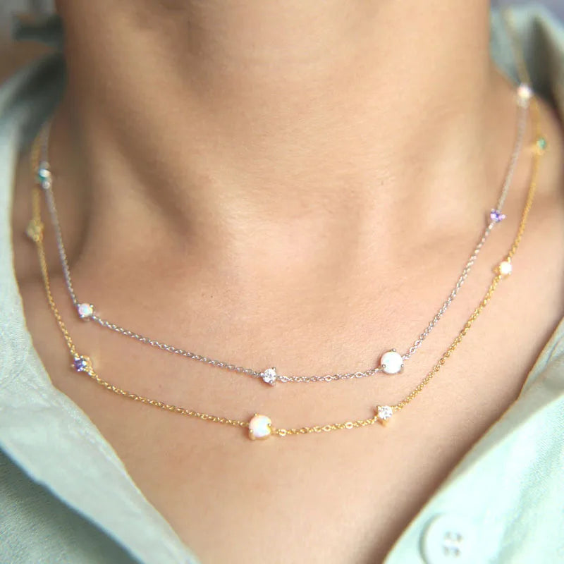 925 Sterling Fire Opal Station Long Chain Necklace for Women