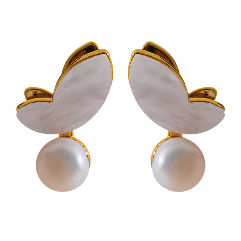 Delicate Small Stud Earrings Natural Pearls Butterfly Charm Prevent Allergy