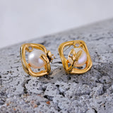 Pearl Butterfly Geometric Stud Earrings 14K Plated Copper Jewelry Gift