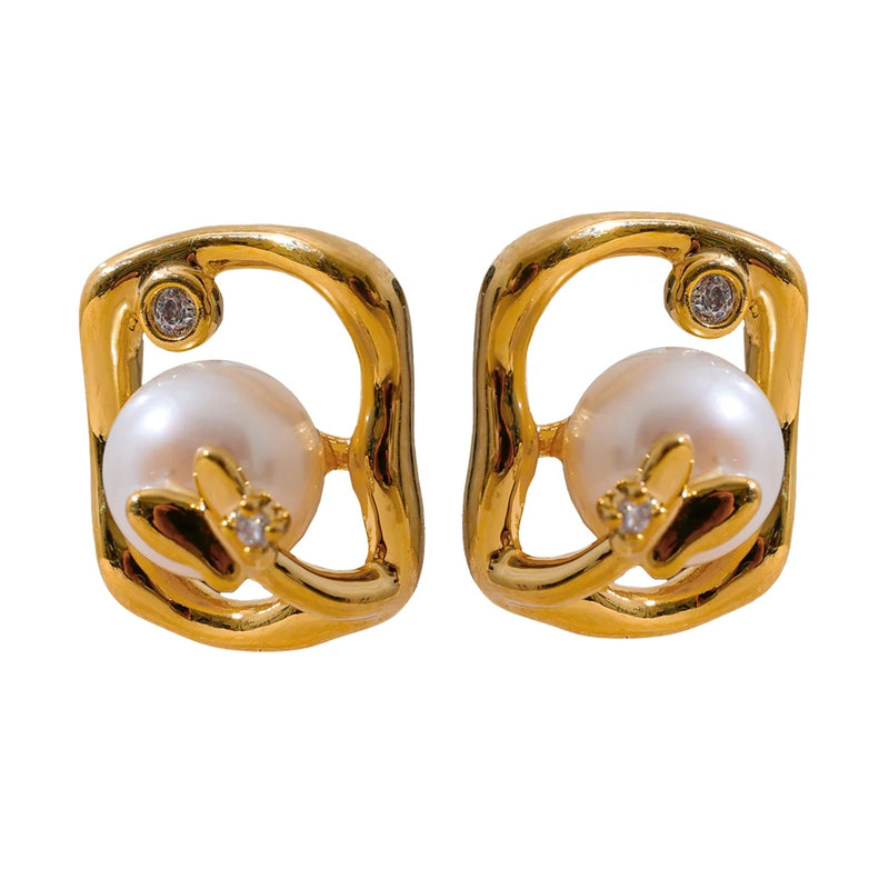 Pearl Butterfly Geometric Stud Earrings 14K Plated Copper Jewelry Gift