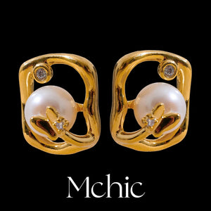 Pearl Butterfly Geometric Stud Earrings 14K Plated Copper Jewelry Gift
