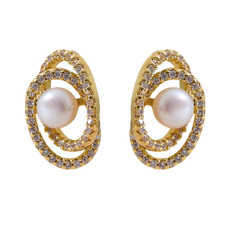 Delicate Cubic Zircon Natural Pearl Stud Earrings