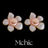 Freshwater Pearls Enamel Flower Stud Earrings Women Charm Jewelry Gift
