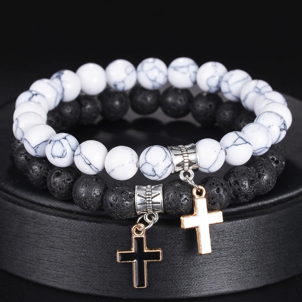 Classic Cross Charm Bracelet Men 8mm Matte Bead Bracelet For Men